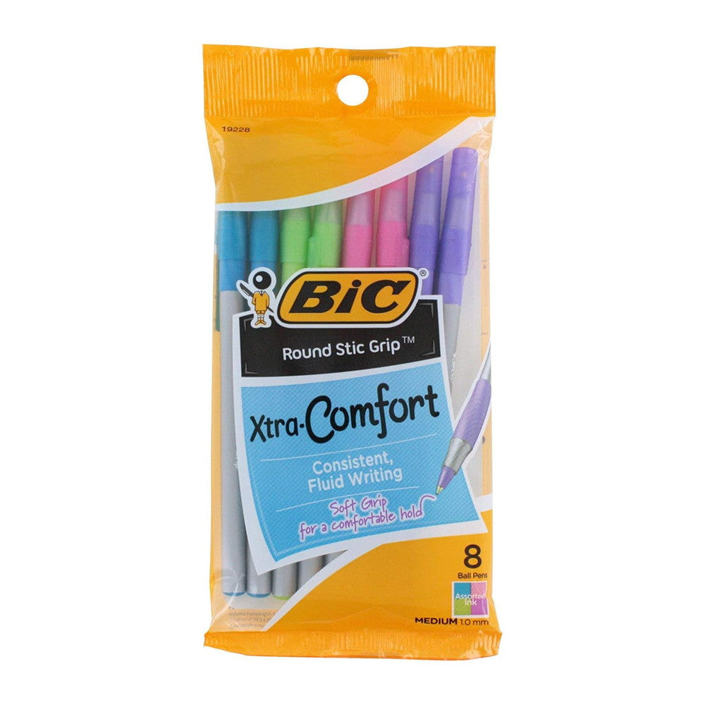 BIC Round Stic Grip Xtra Comfort Fashion Ballpoint Pens, Assorted Colors, 8 Ea