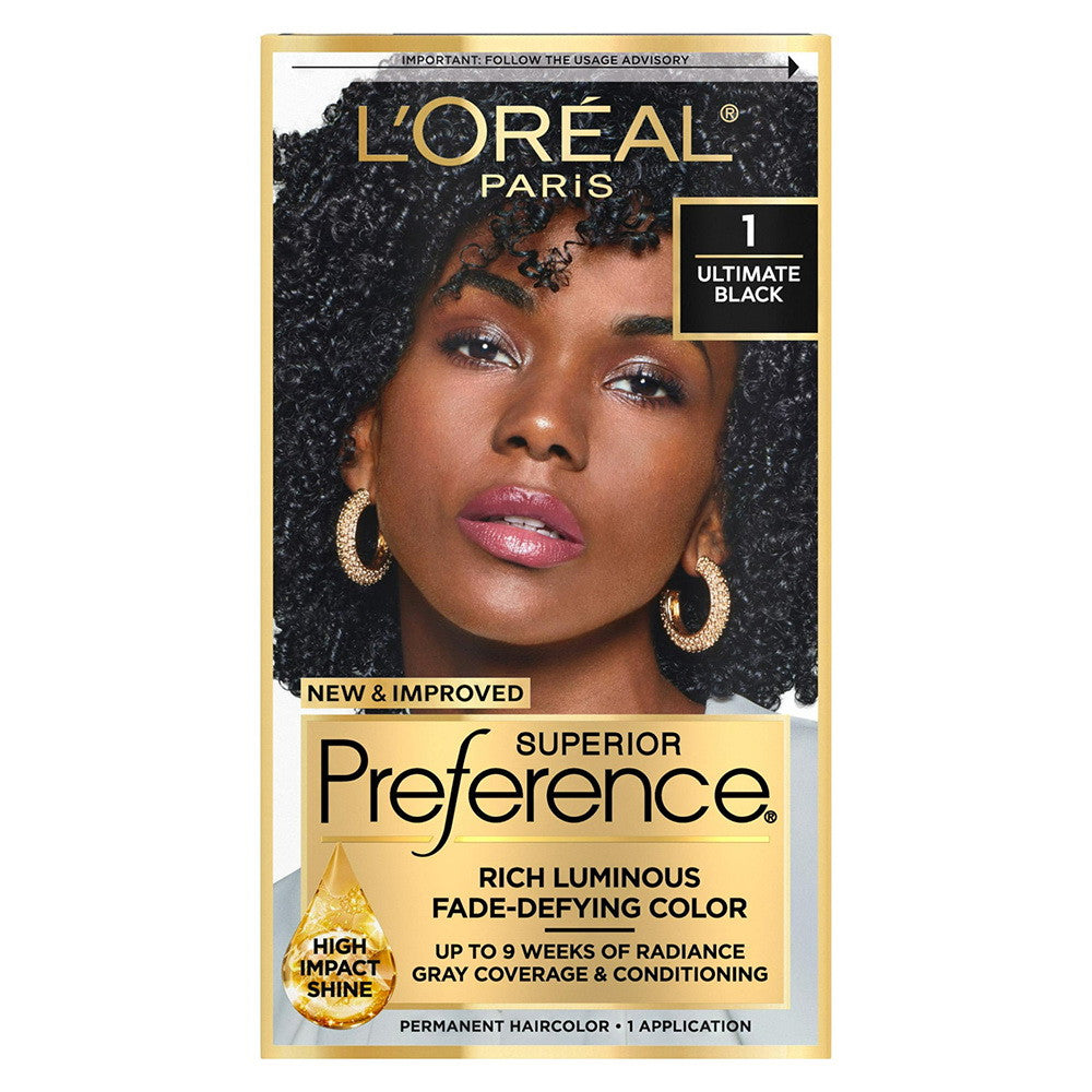 Loreal Paris Superior Preference Fade Defying Color Plus Shine System 1 Ultimate Black, 1 Kit