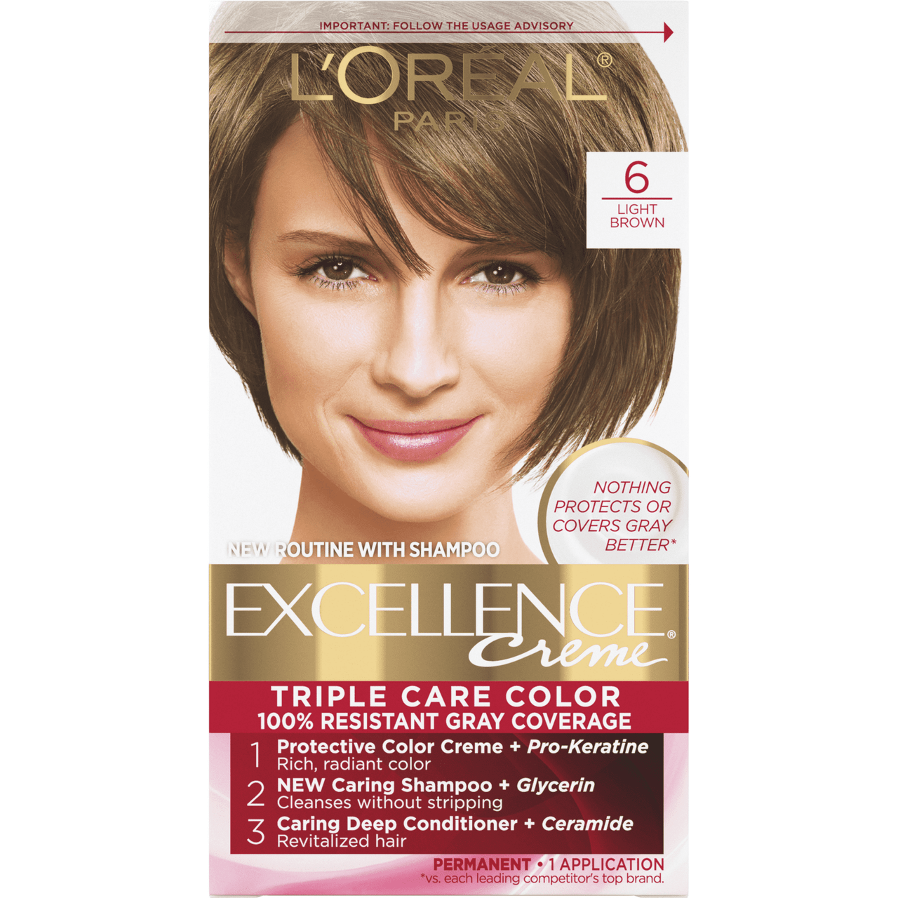 Loreal Excellence Triple Protection Hair Color Creme, #6 Light Brown - 1 Ea