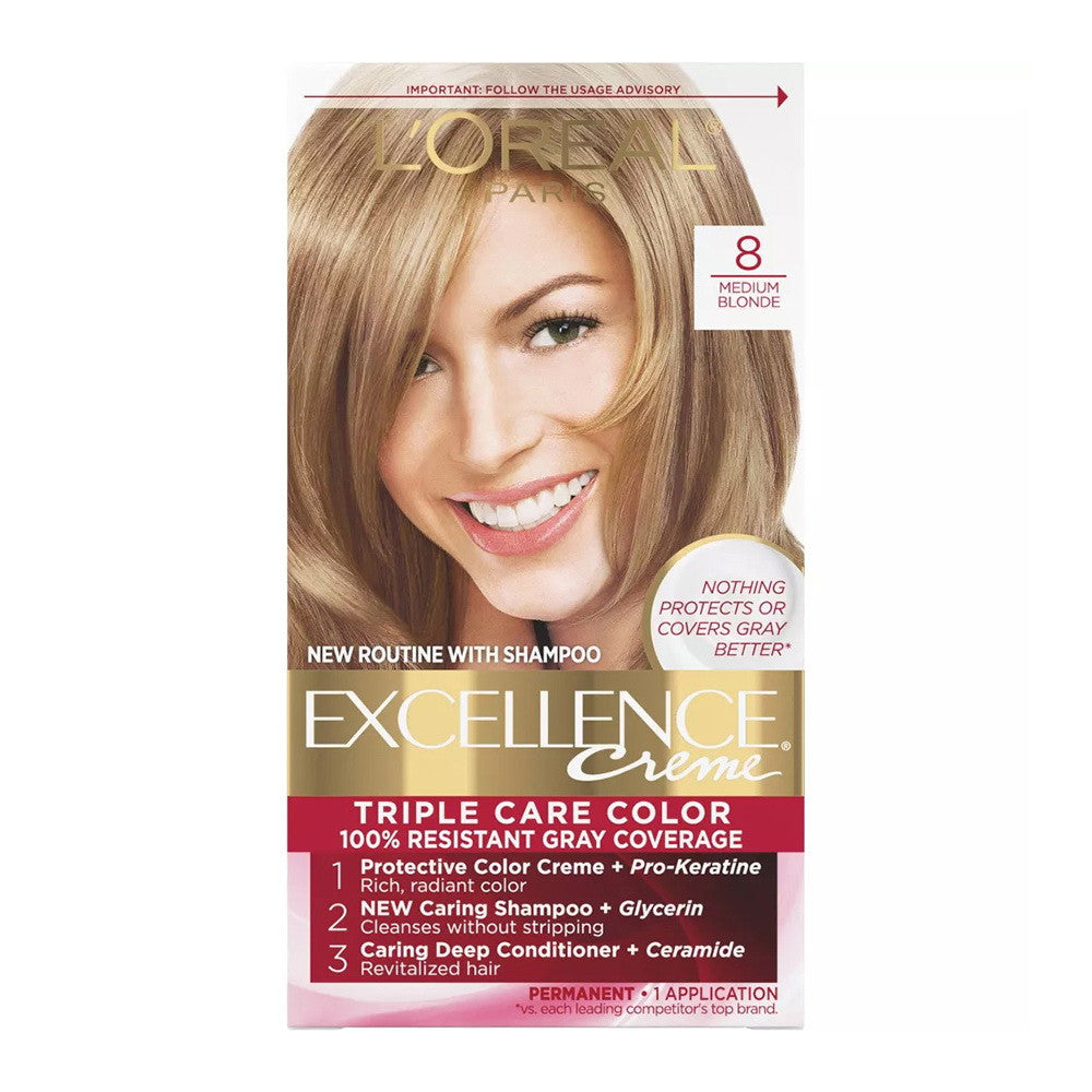 Loreal Excellence Triple Protection Hair Color Creme, 8 Medium Blonde, 1 Kit