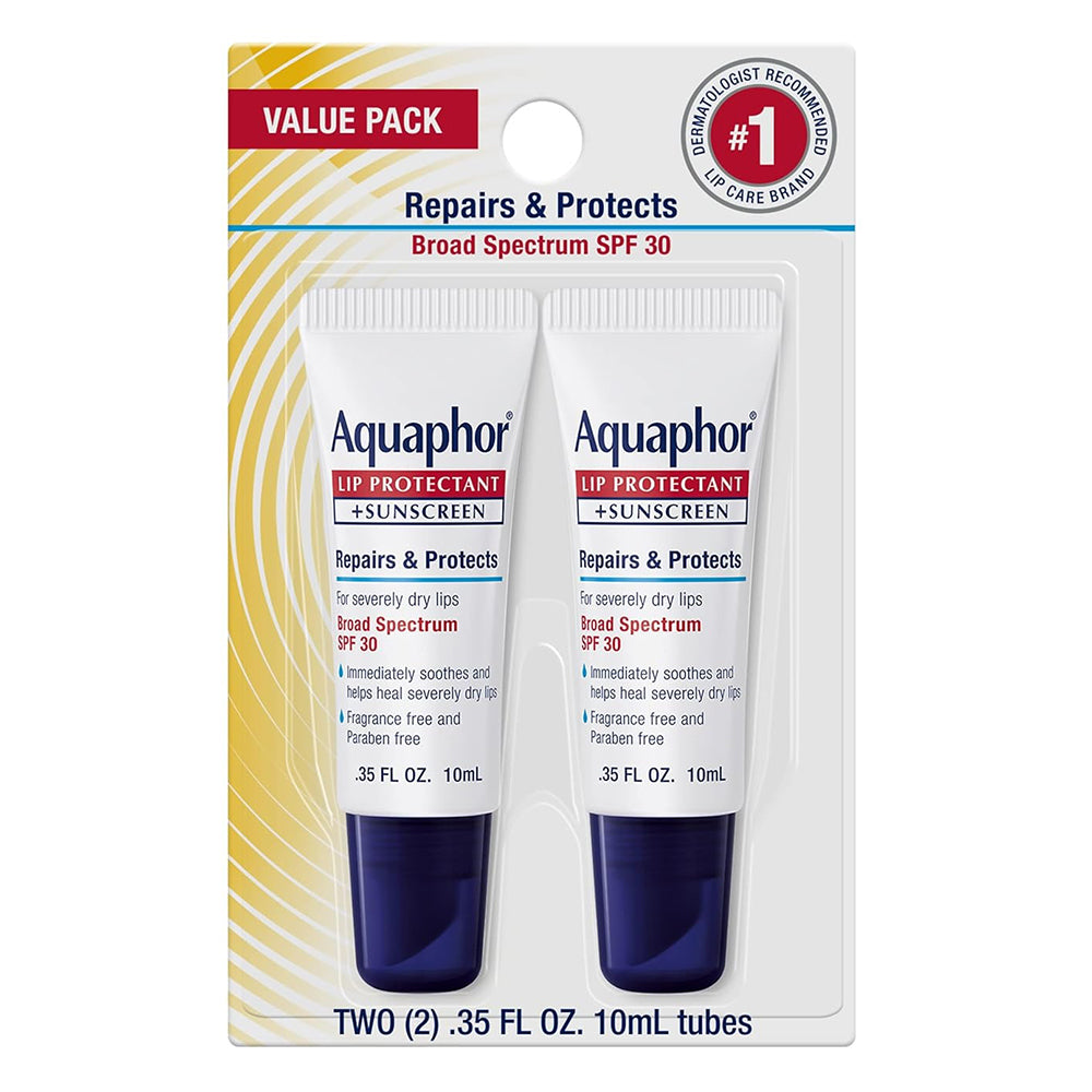 Aquaphor Lip Repair and Protect Tube Broad Spectrum SPF 30 for Soothing and Healing Dry Lips 0.35Oz (10ml) 2Ea