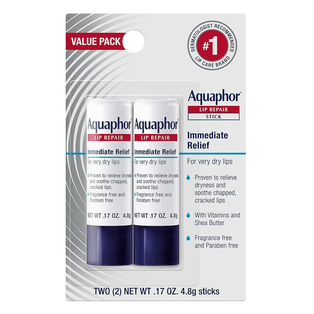 Aquaphor Lip Repair for Dry Chapped Lips and Long Lasting Moisture 0.17Oz (4.8g) 2Ea