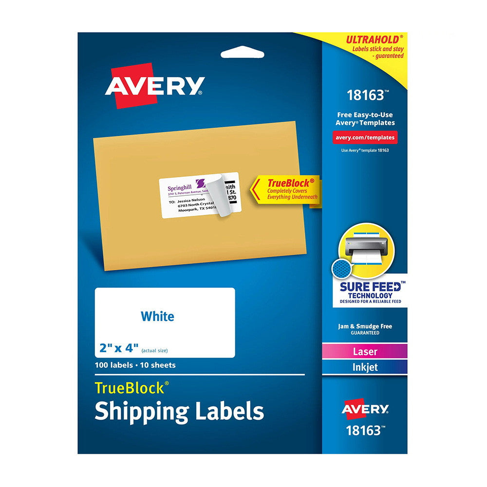 Avery TrueBlock Shipping Labels, White 10 Sheets, 100 Ea