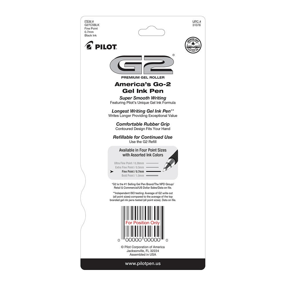 Pilot G2 Premium Gel Roller Pens, Fine Point 0.7 mm, Black Ink, 5 Ea
