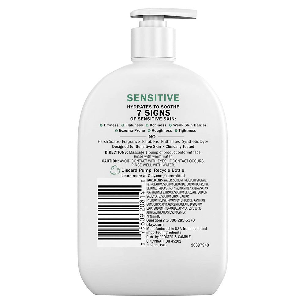 Olay Sensitive Facial Cleanser with Oat Extract Gentle Cream Cleanser, Sensitivity Skin, 16 Oz