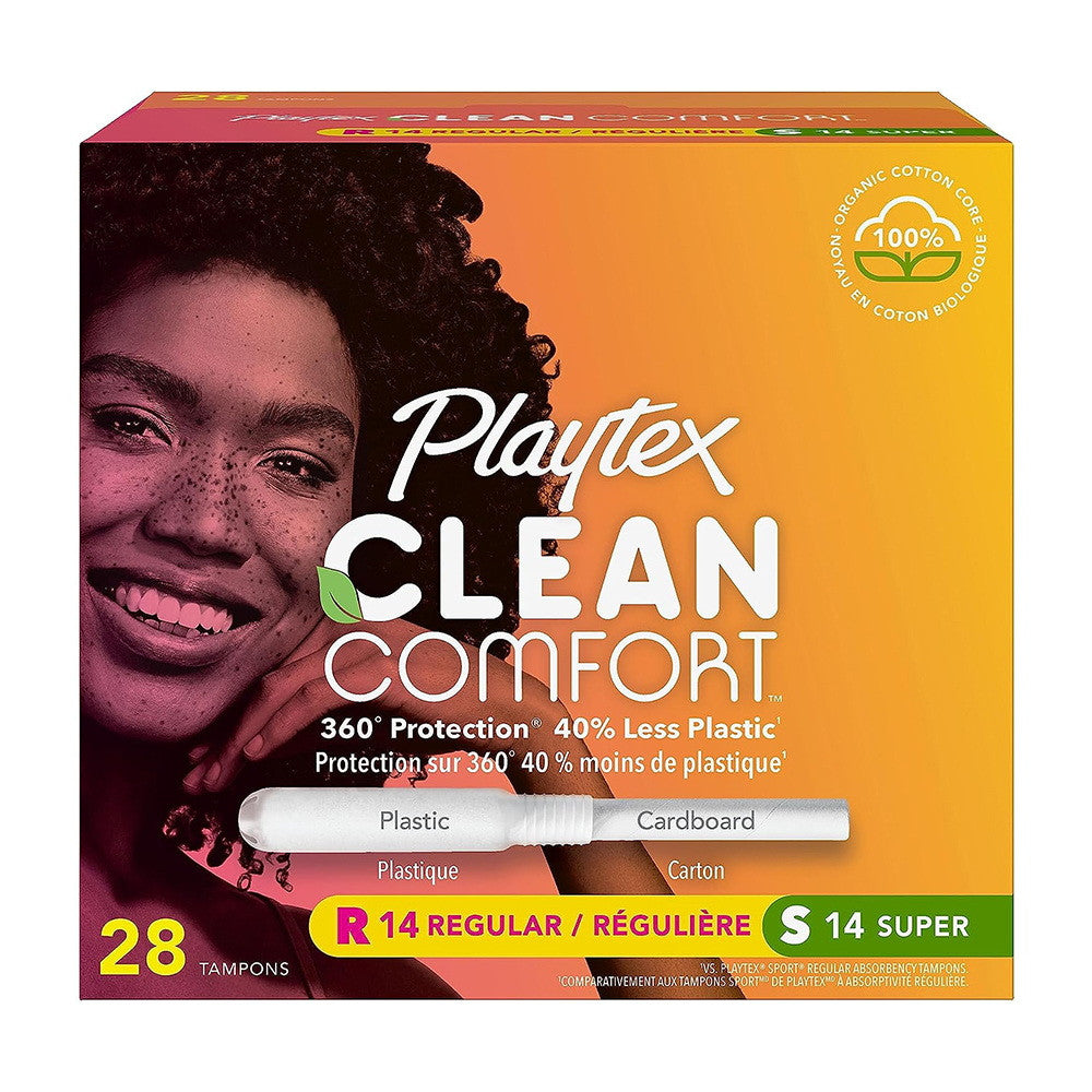 Playtex Clean Comfort Organic Cotton Multipack Tampons, 14 Regular and 14 Super Tampons, 28 Ea