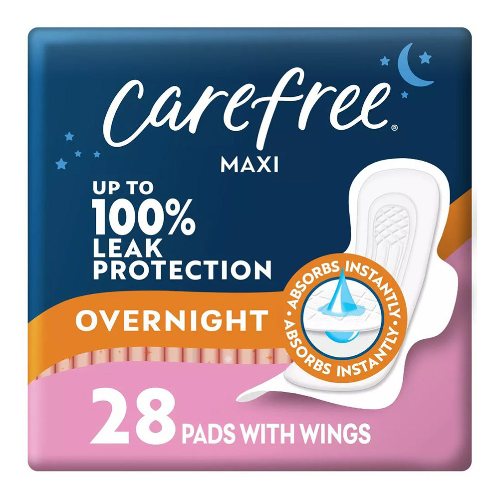 Carefree Overnight Protection Soft Cover Maxi Pads with Wings for Women 28Ea
