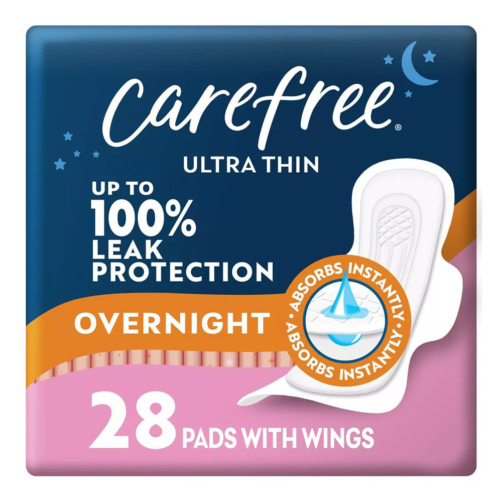 Carefree Ultra Thin Overnight Pads with Wings Leak Protection Odor Control for Women 28Ea