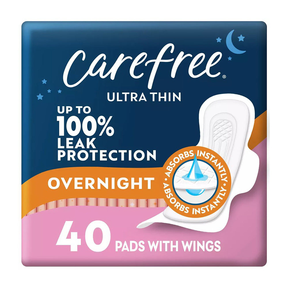 Carefree Overnight Protection Soft Cover Maxi Pads with Wings for Women 40Ea