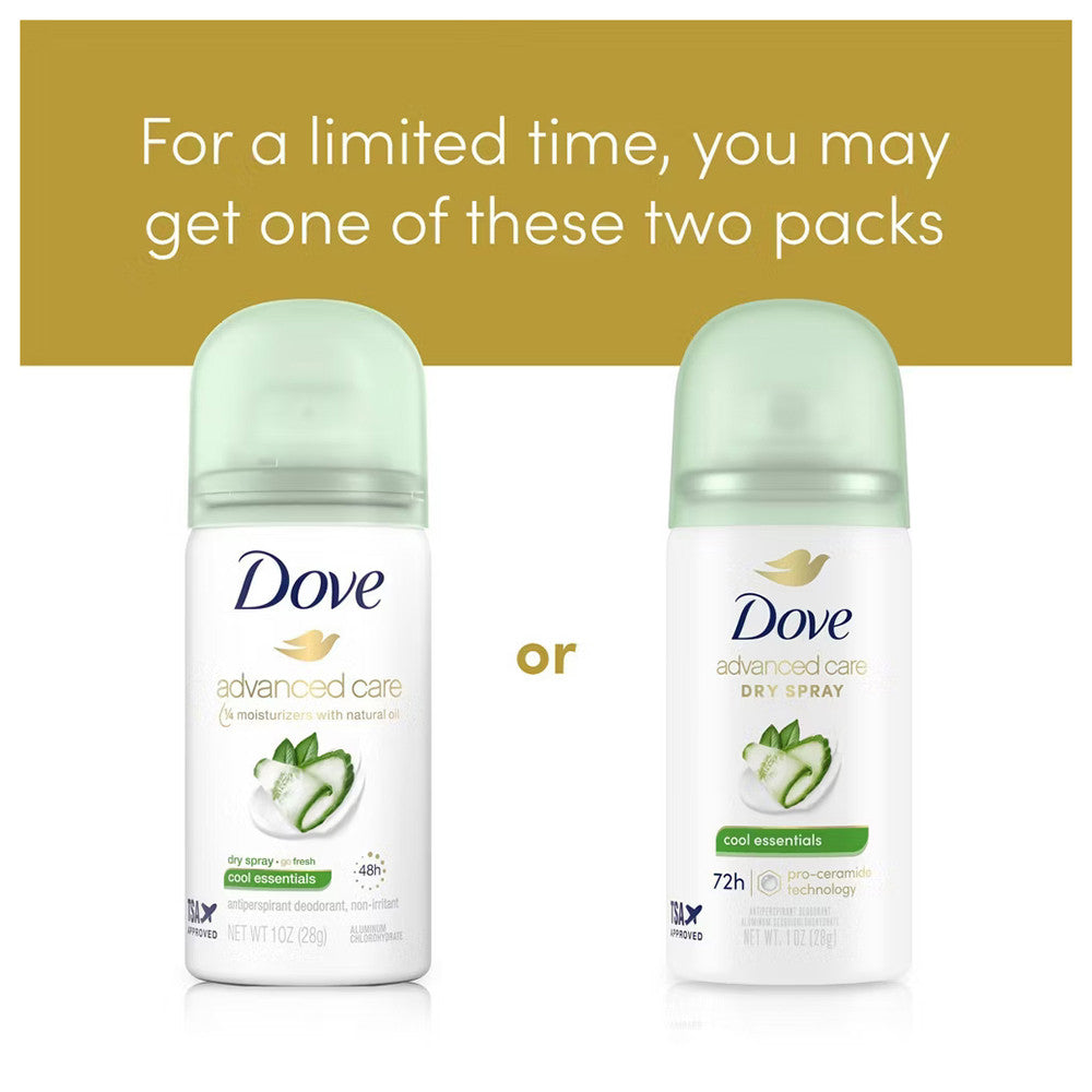 Dove Beauty Cool Essentials Antiperspirant Deodorant Dry Spray, Trial Size, 1 Oz