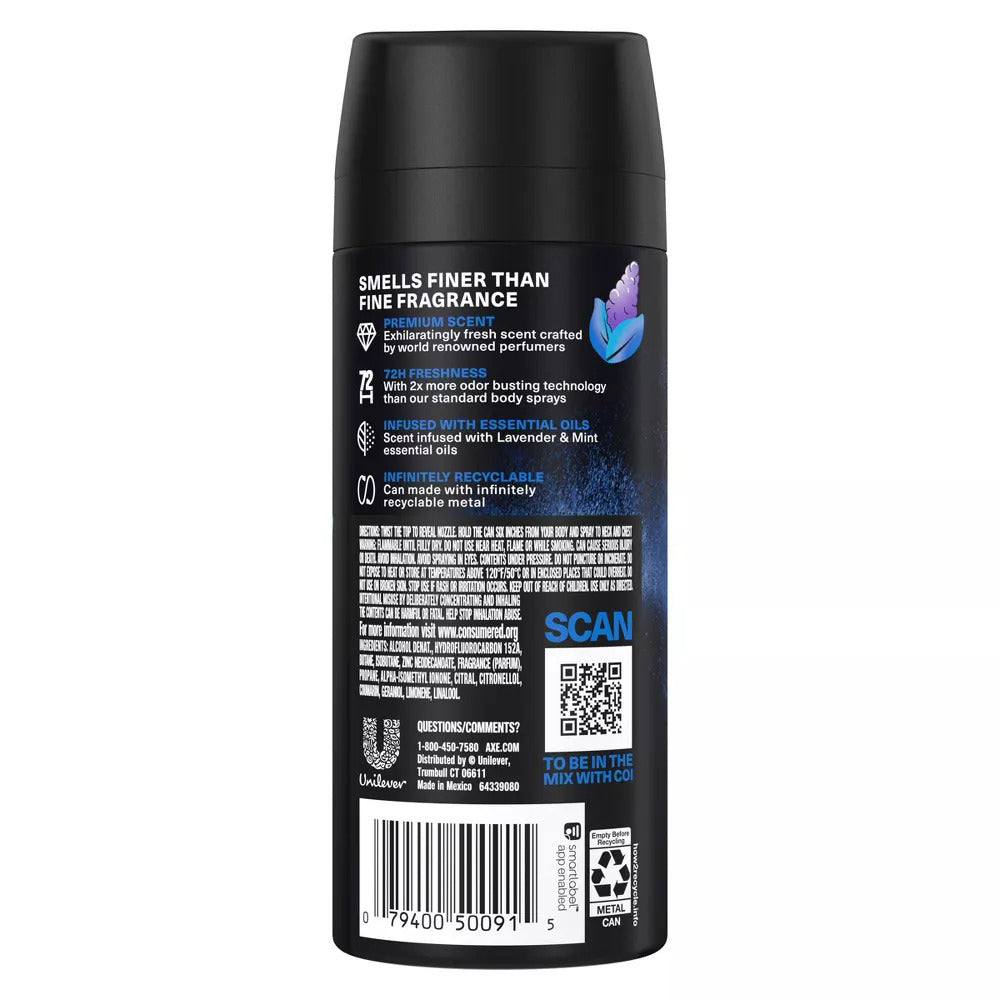 Axe Premium Calms Uplifts Luxurious Scent Body Spray Blue Lavender Mint and Amber for Men 4Oz (113g)