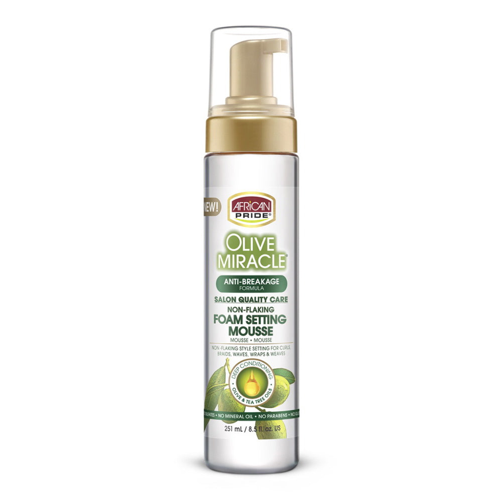 African Pride Olive Miracle Anti Breakage Foam Setting Mousse for Wrapping and Strengthening Hair 8.5Oz (251ml)