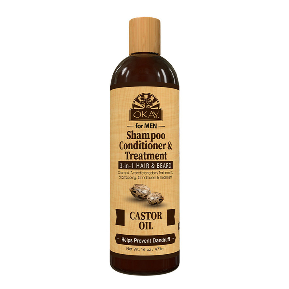 Okay Men Castor Oil 3 In 1 Beard and Hair Shampoo, Conditioner and Treatment, 16 Oz
