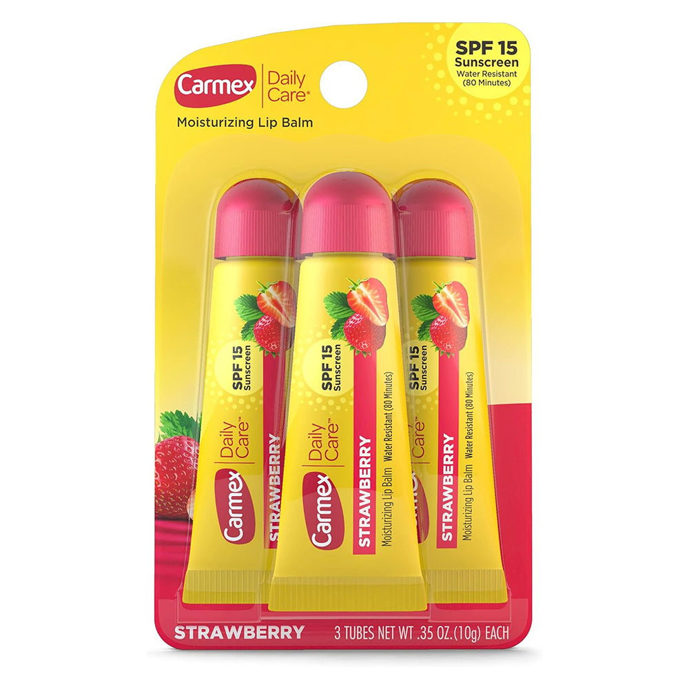 Carmex Lip Balm Tubes SPF 15 Strawberry Moisturizing Flavored Lip Care 3Ea