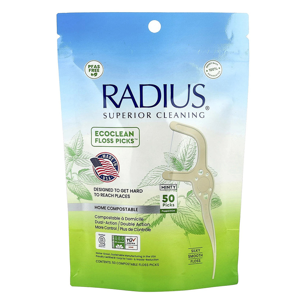 Radius EcoClean Adult Floss Picks Compostable Peppermint for Oral Care 50Ea