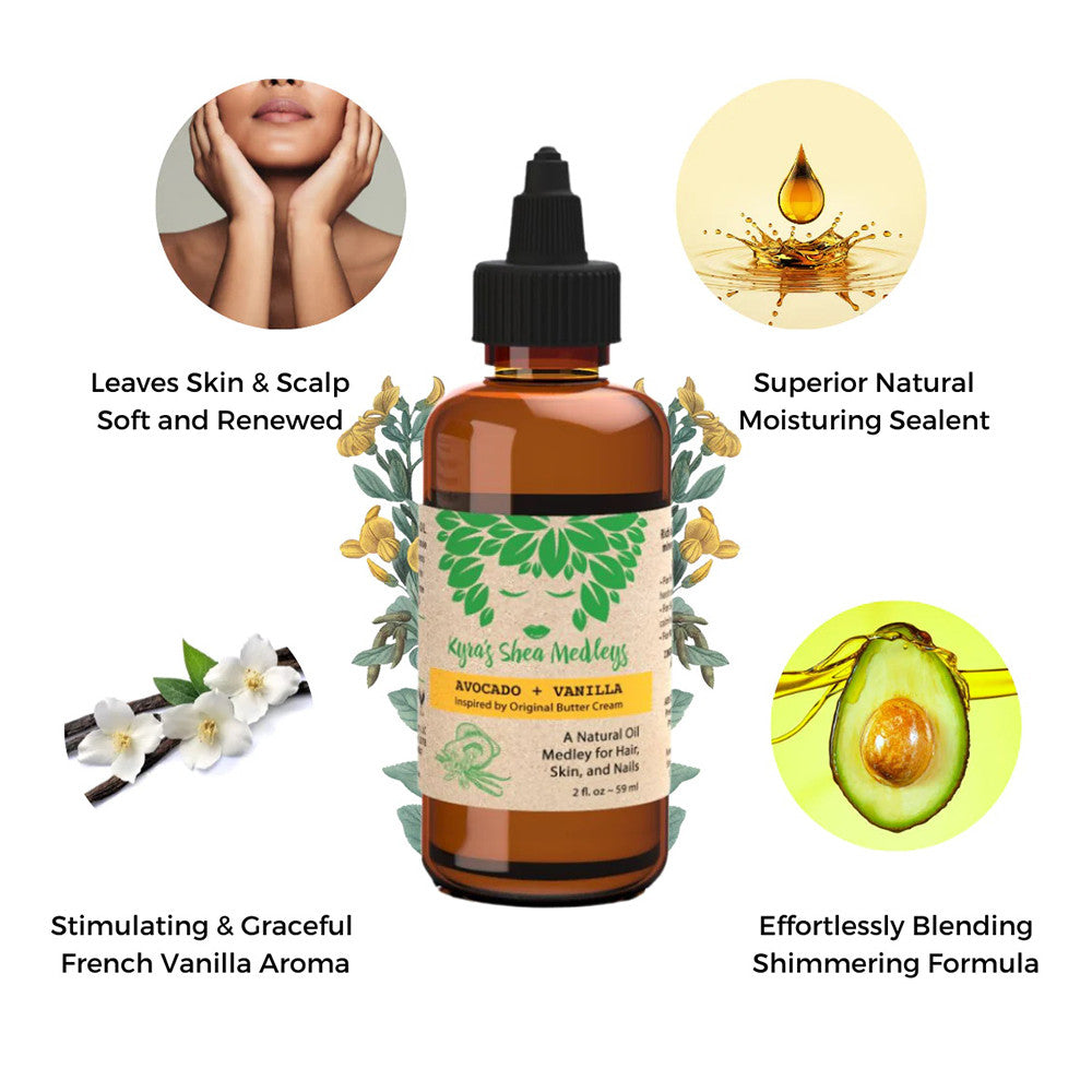 Kyras Shea Medleys Natural Oil for Hair, Skin and Nails, Avocado and Vanilla, 2 Oz