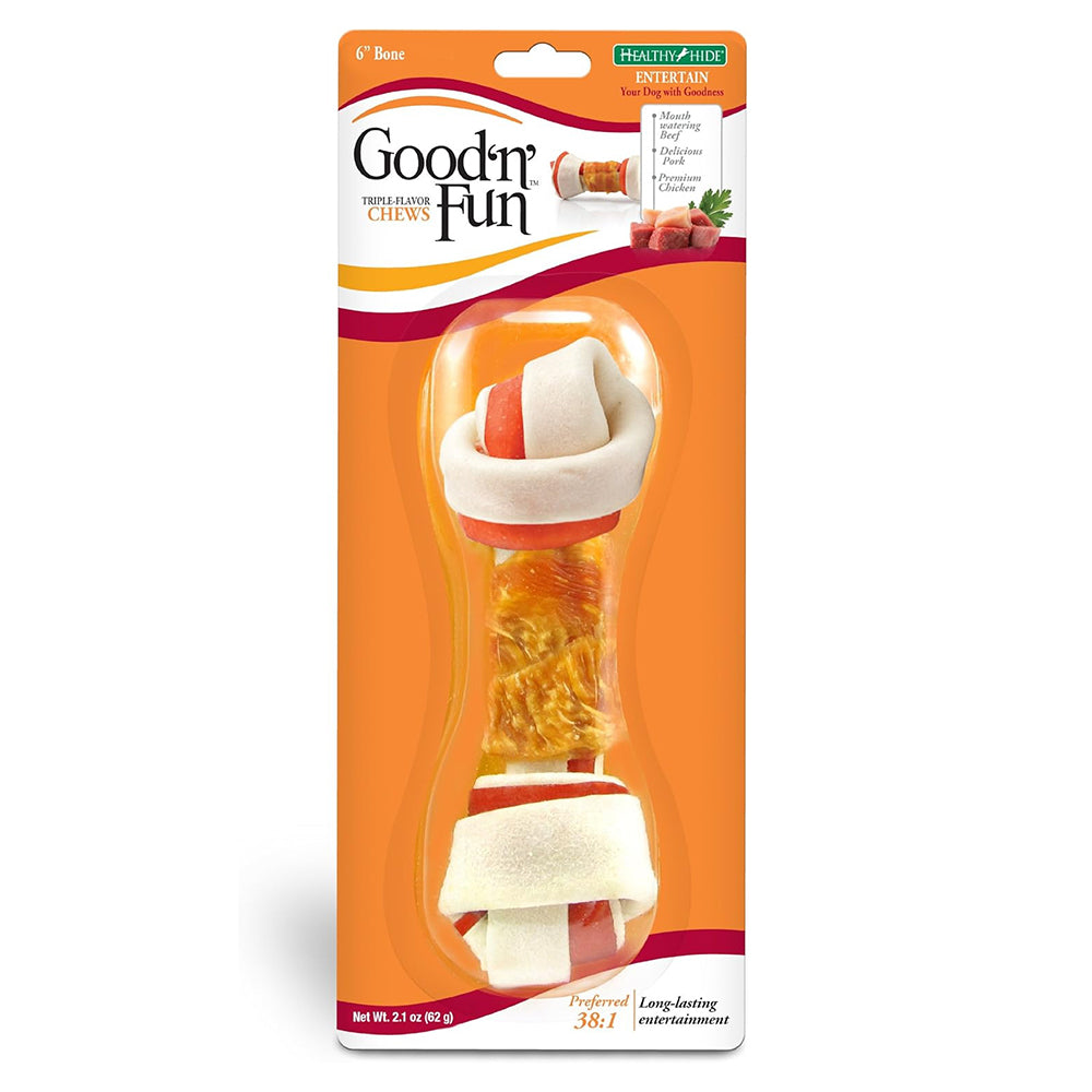 Good n Fun Triple Flavor Chews Rawhide Treats for Dogs 6 Inch Bone High in Protein 1Ea
