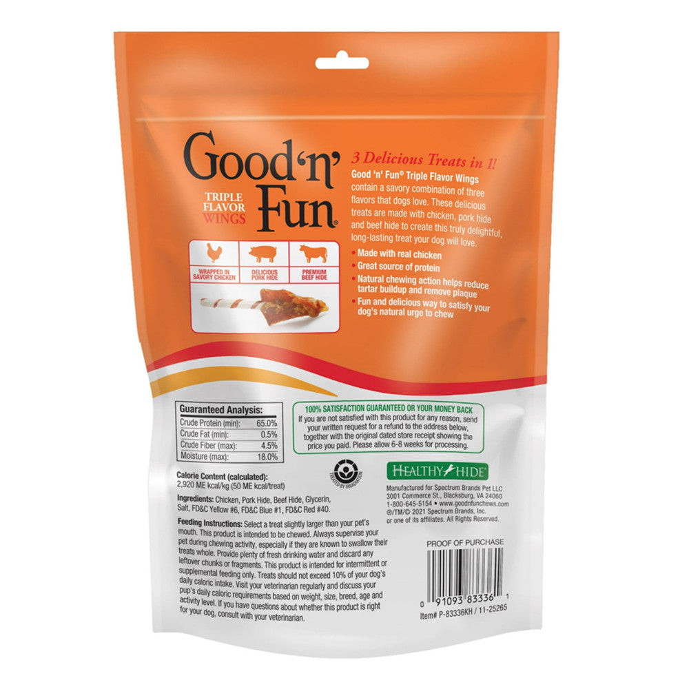 Healthy Hide Good n Fun Triple Flavor Wings, Beef,Pork and Chicken Snacks for Dogs, 4 Oz