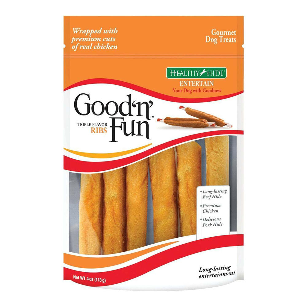 Healthy Hide Good n Fun Triple Flavor Ribs, Beef, Pork and Chicken Sticks for Dogs, 4 Oz