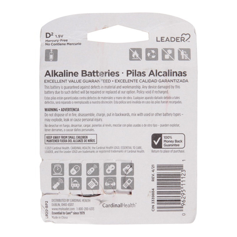 Leader Batteries, Alkaline D, 1.5 Volt, 2 Ea