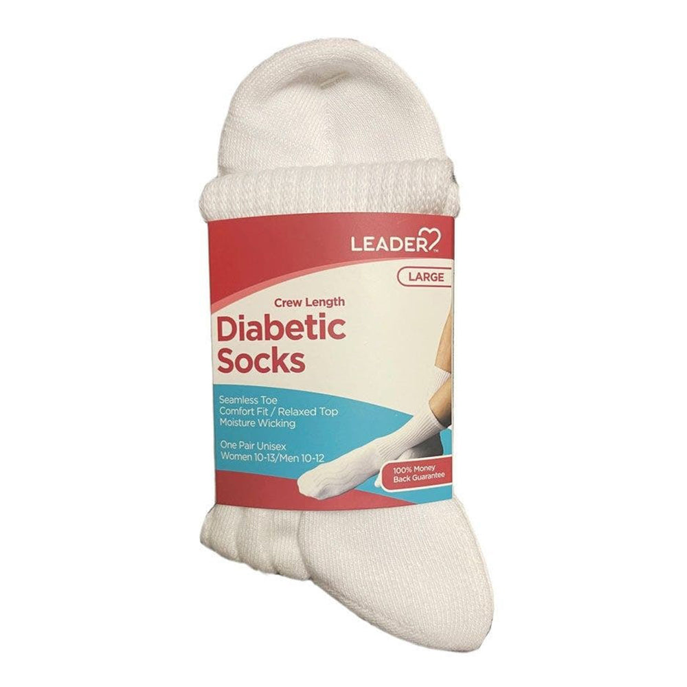 Leader Diabetic Crew Socks Large Size White for Comfort and Improved Circulation 1Pair