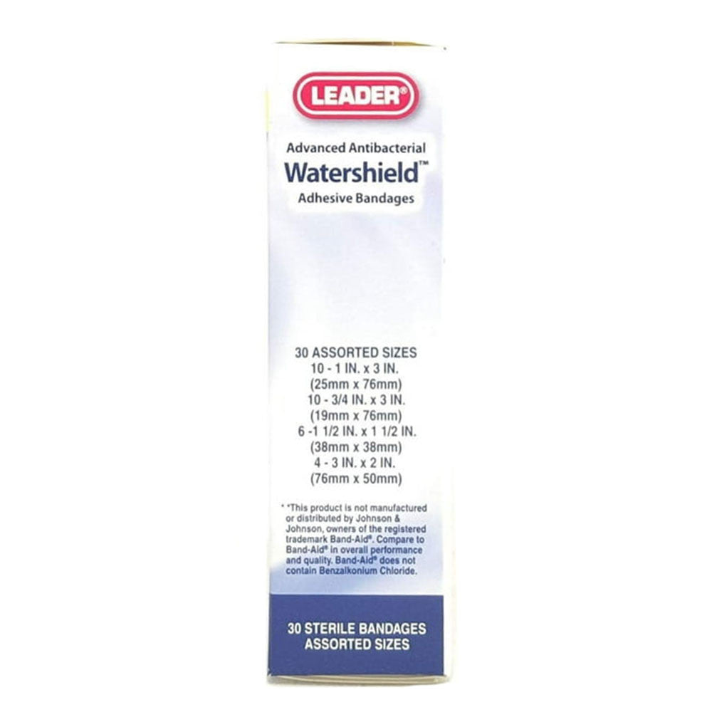 Leader Antibacterial Watershield Adhesive Bandages, Assorted Sizes, 30 Ea