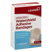 Leader Antibacterial Watershield Adhesive Bandages, Assorted Sizes, 30 Ea