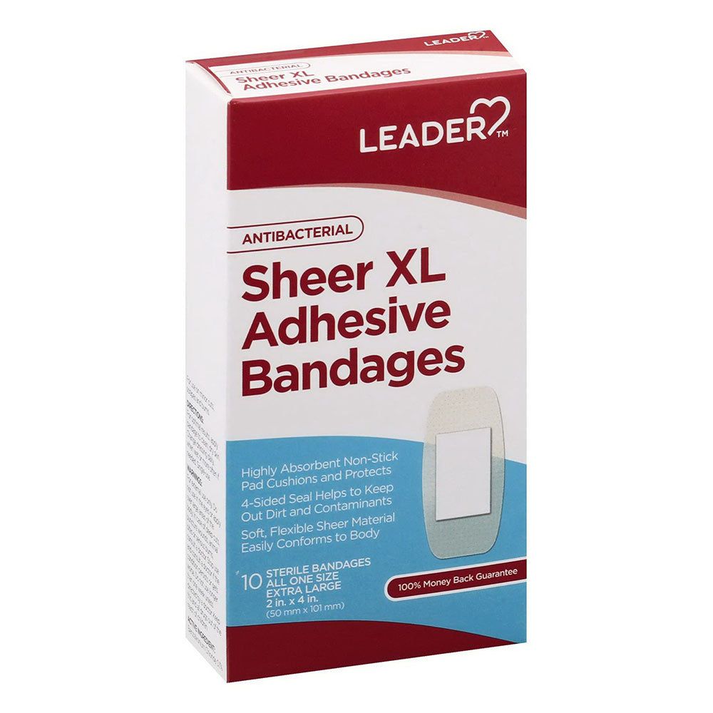 Leader Antibacterial Adhesive Bandages, All One Size, Sheer Extra Large, 10 Ea