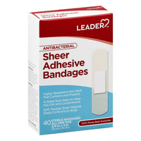 Leader Antibacterial Adhesive Bandages, Sheer, All One Size, 40 Ea