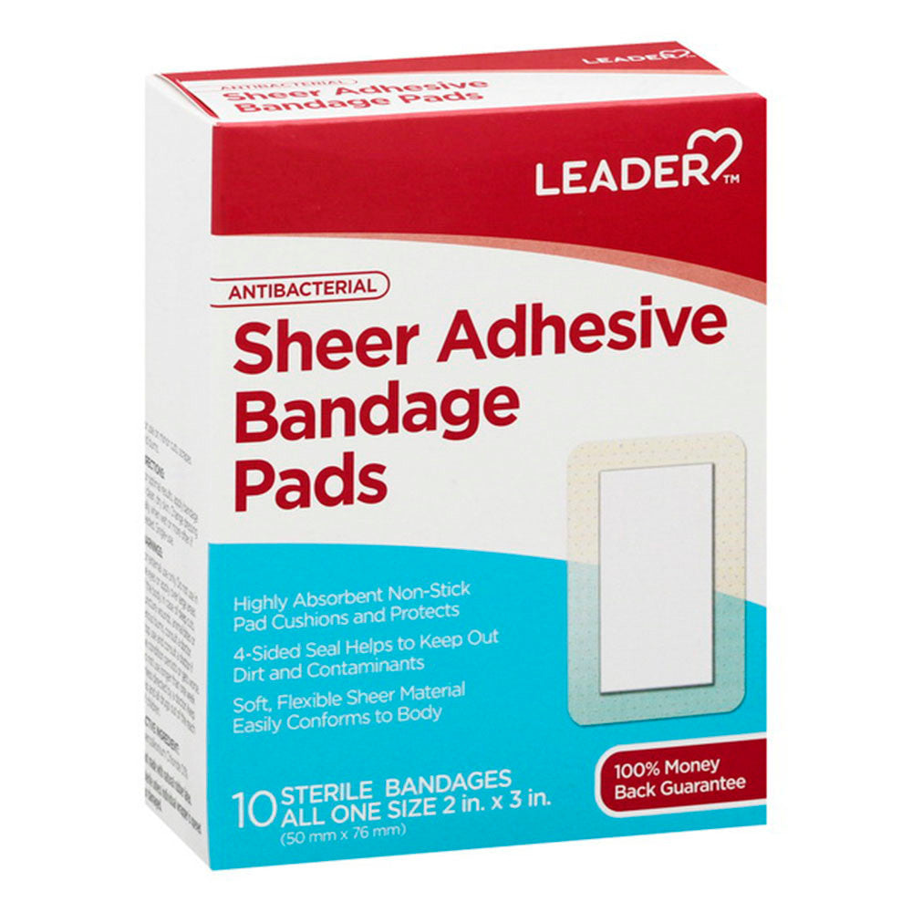 Leader Adhesive Bandage Pads, Sheer, Antibacterial, All One Size, 10 Ea