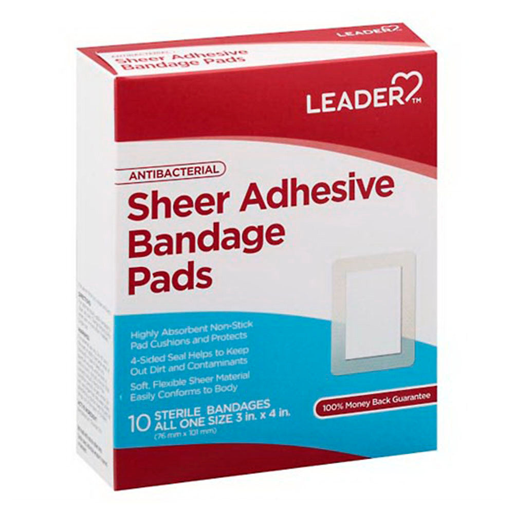 Leader Adhesive Bandage Pads, Antibacterial, Sheer, All One Size, 10 Ea