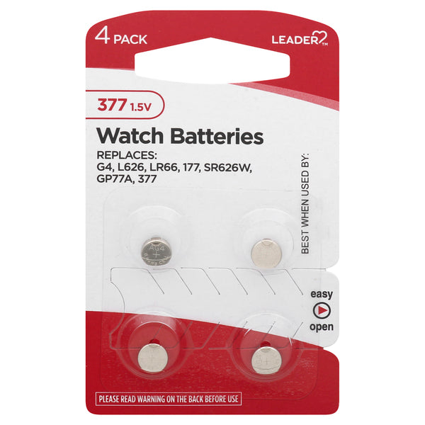 Leader Long Lasting Power Watch Batteries, 1.5V 377, 4 Ea