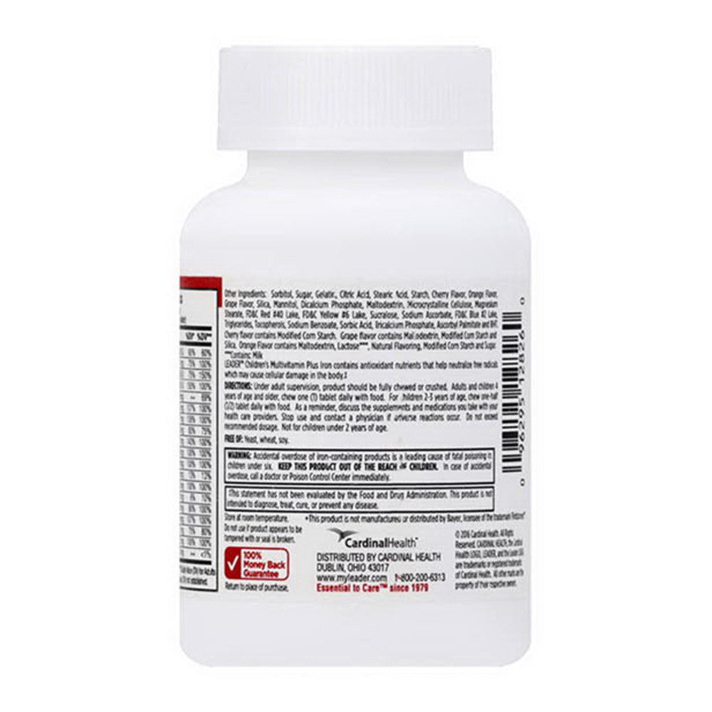 Leader Childrens Multivitamin, Plus Iron, 3 Fruit Flavors, Chewable Tablets, 100 Ea