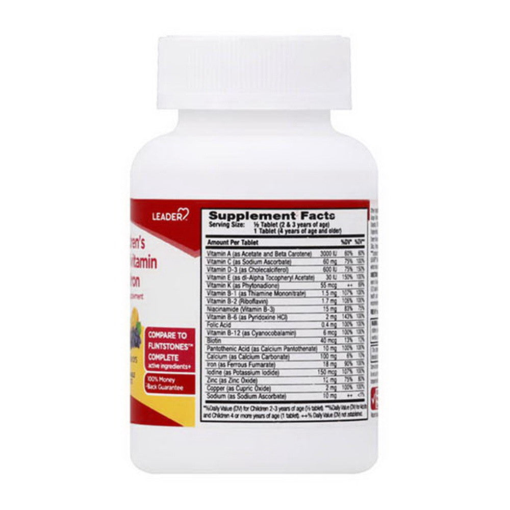 Leader Childrens Multivitamin, Plus Iron, 3 Fruit Flavors, Chewable Tablets, 100 Ea