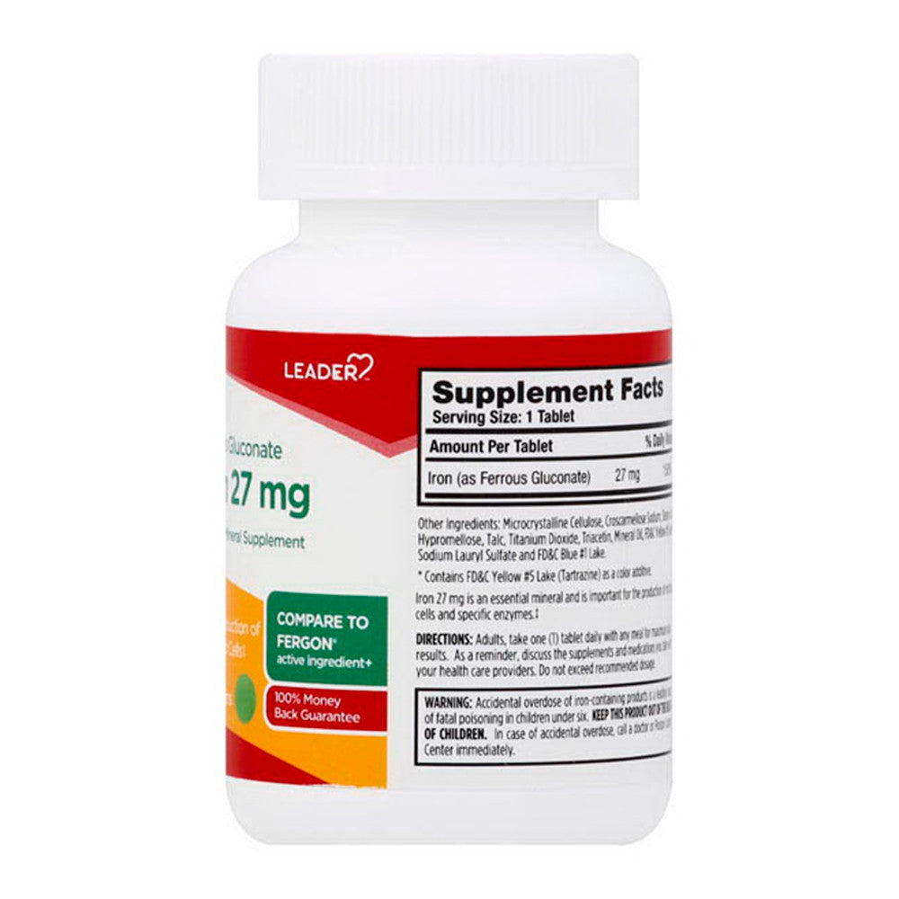 Leader Ferrous Gluconate, Iron 27 Mg Tablets, 100 Ea