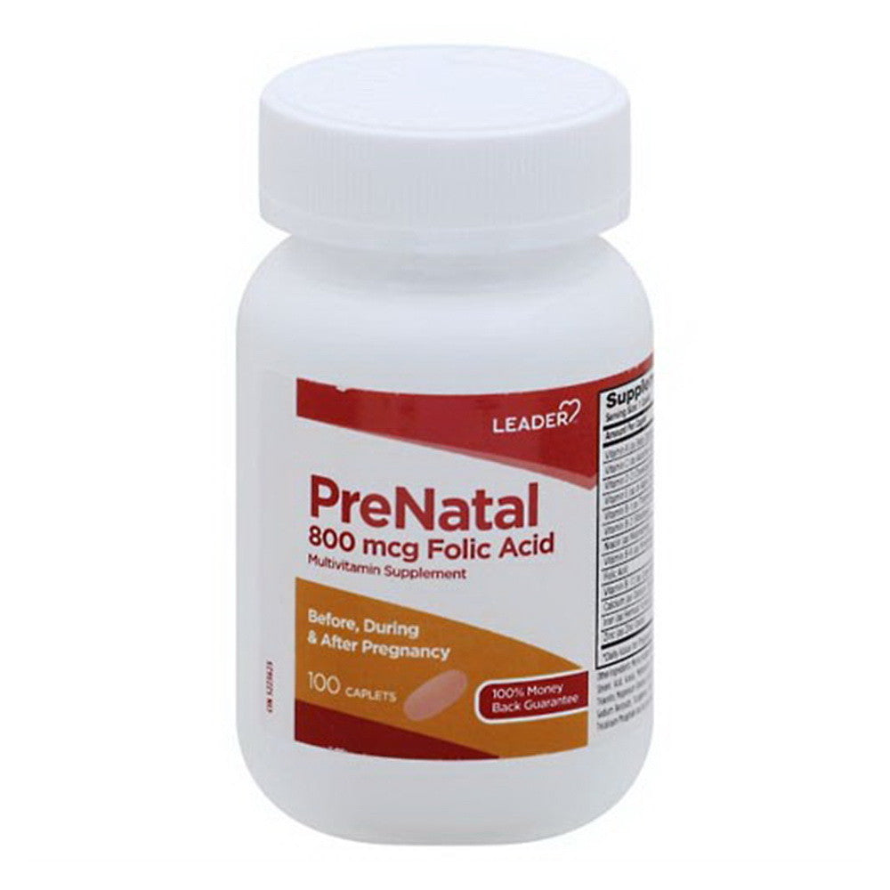 Leader Pre Natal, Multivitamin Supplement, 800 Mcg Folic Acid Caplets, 100 Ea