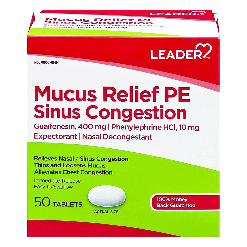 Leader Mucus Relief Pe Sinus Congestion Tablets, 50 Ea