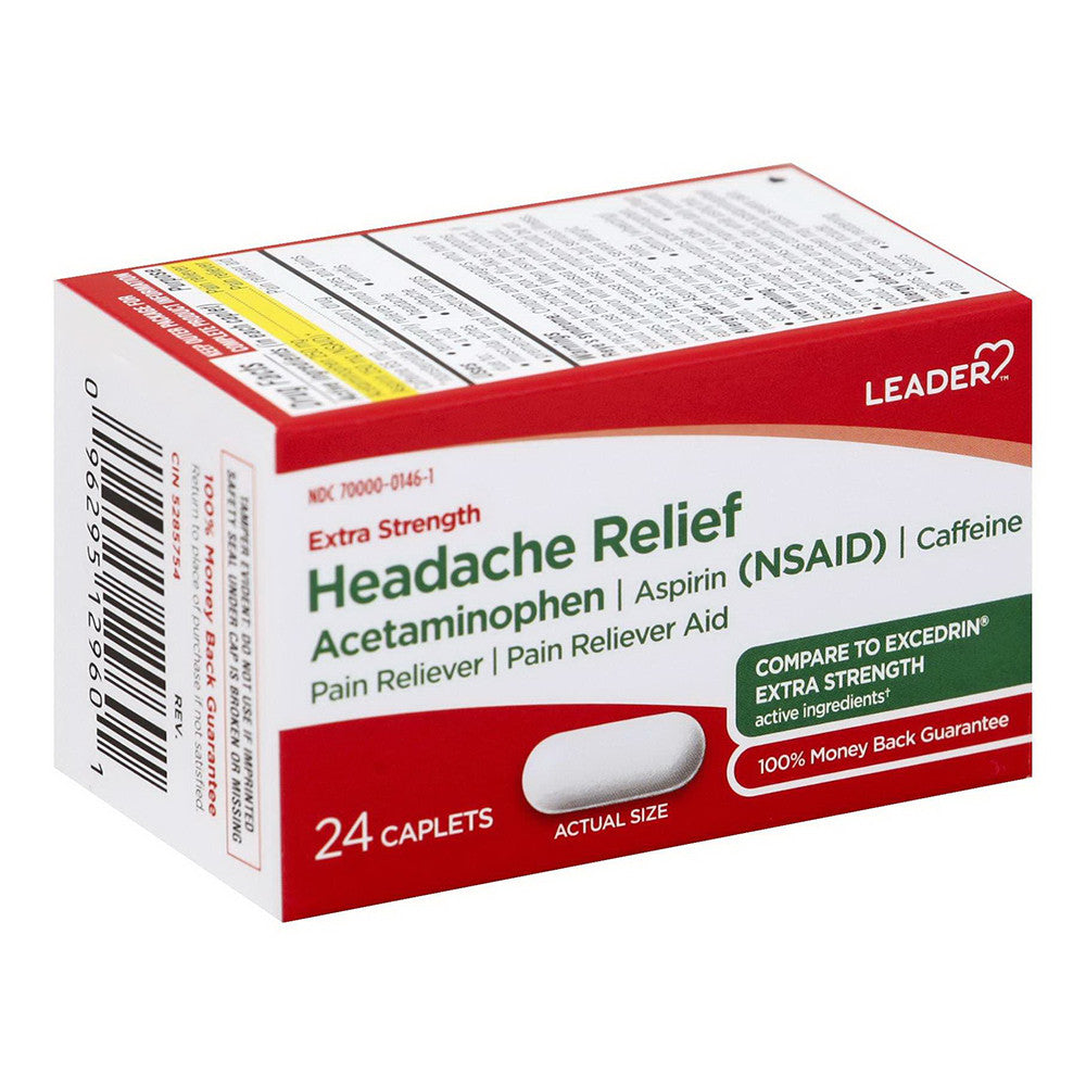 Leader Headache Relief, Extra Strength, Caplets, 24 Ea