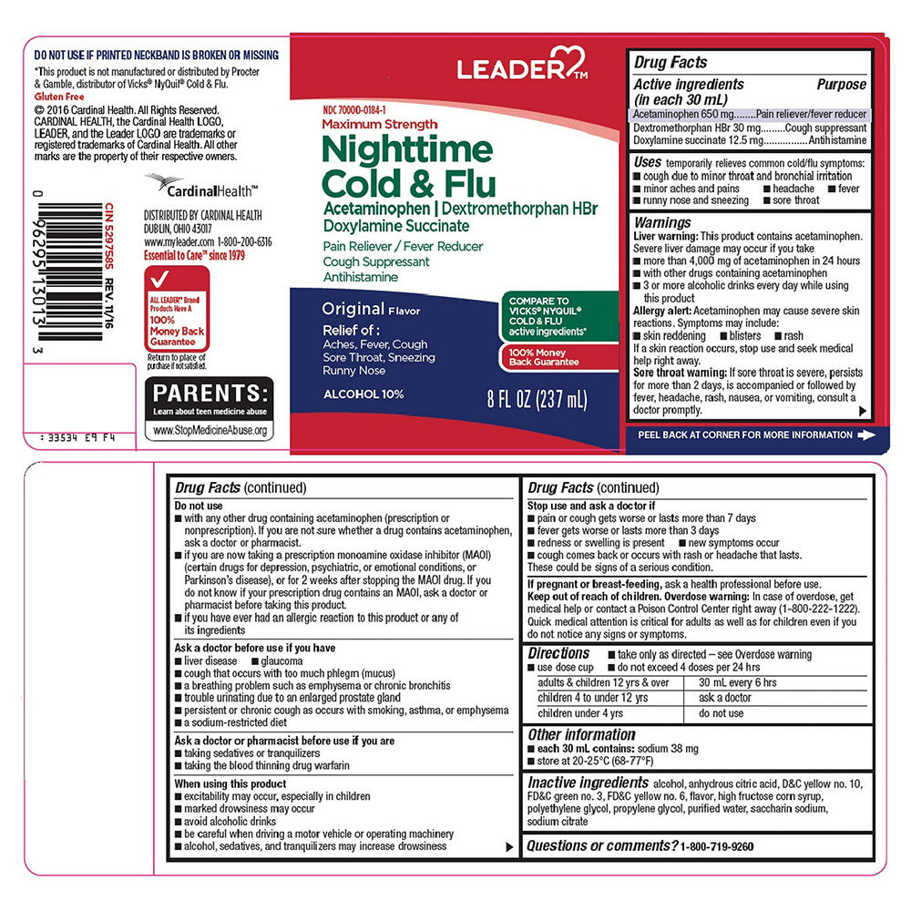 Leader Nighttime Cold And Flu Acetaminophen Liquid, Original Flavor, 8 Oz