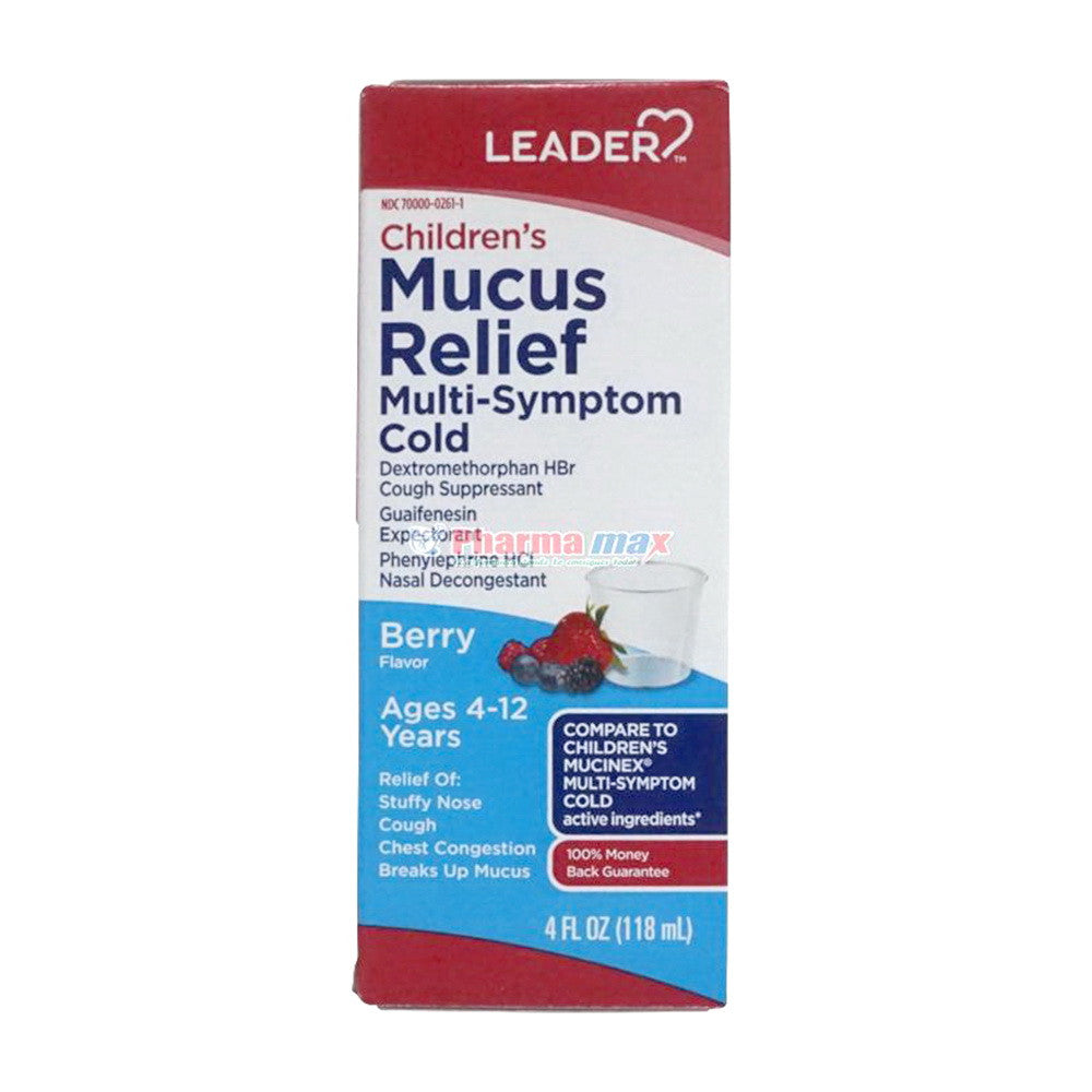 Leader Childrens Mucus Relief Multi Symptom Cold, Berry Flavor, 4 Oz