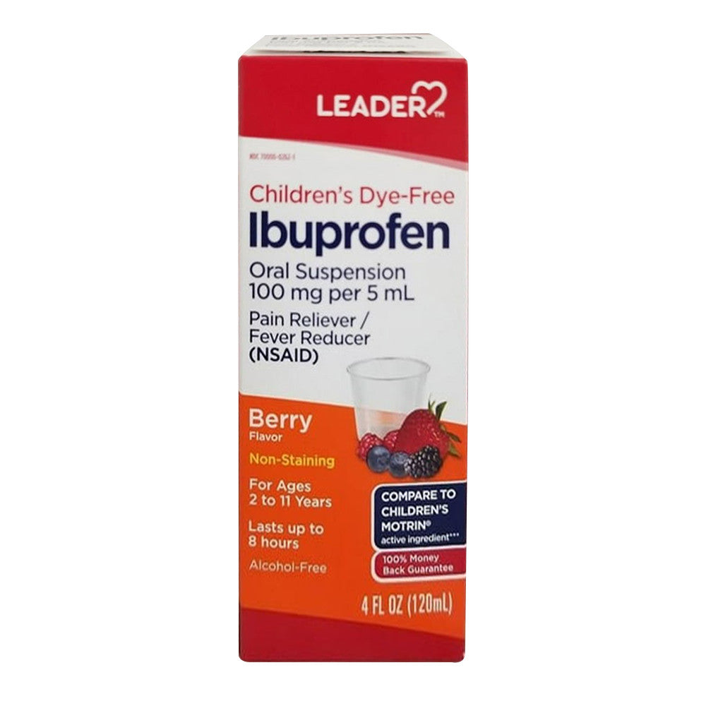Leader Childrens Dye Free Ibuprofen Liquid, Oral Suspension, Berry Flavor, 4 Oz
