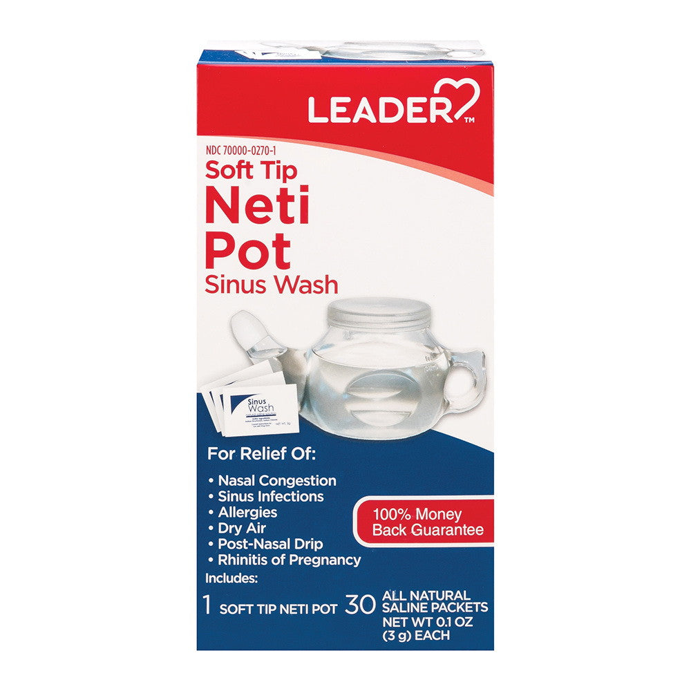 Leader Soft Tip Neti Pot All Natural Nasal Wash Kit, Includes 30 Saline Packets, 1 Ea