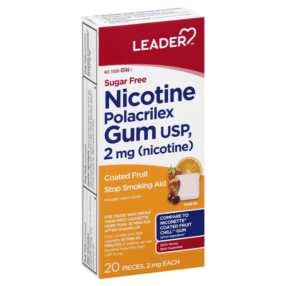 Leader Polacrilex Gum 2mg nicotine Sugar Free Fruit Flavor 20Ea
