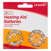 Leader Hearing Aid Batteries A10, 1.4 Volts, 16 Ea