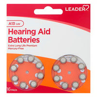 Leader Hearing Aid Batteries A13, 1.4 Volts, 16 Ea