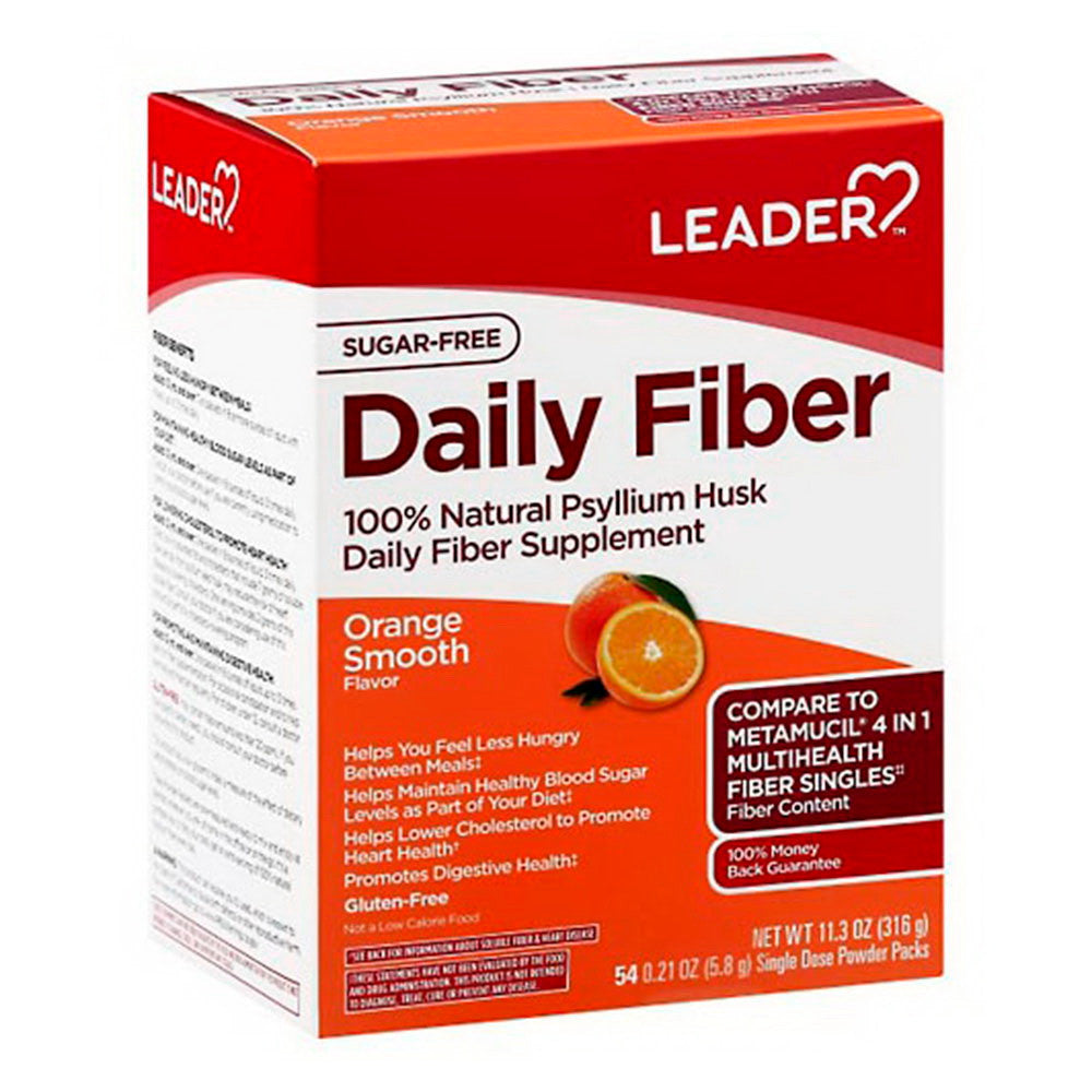 Leader Daily Fiber, Singe Dose Powder Packs Sugar Free, Orange Smooth Flavor, 54 Ea