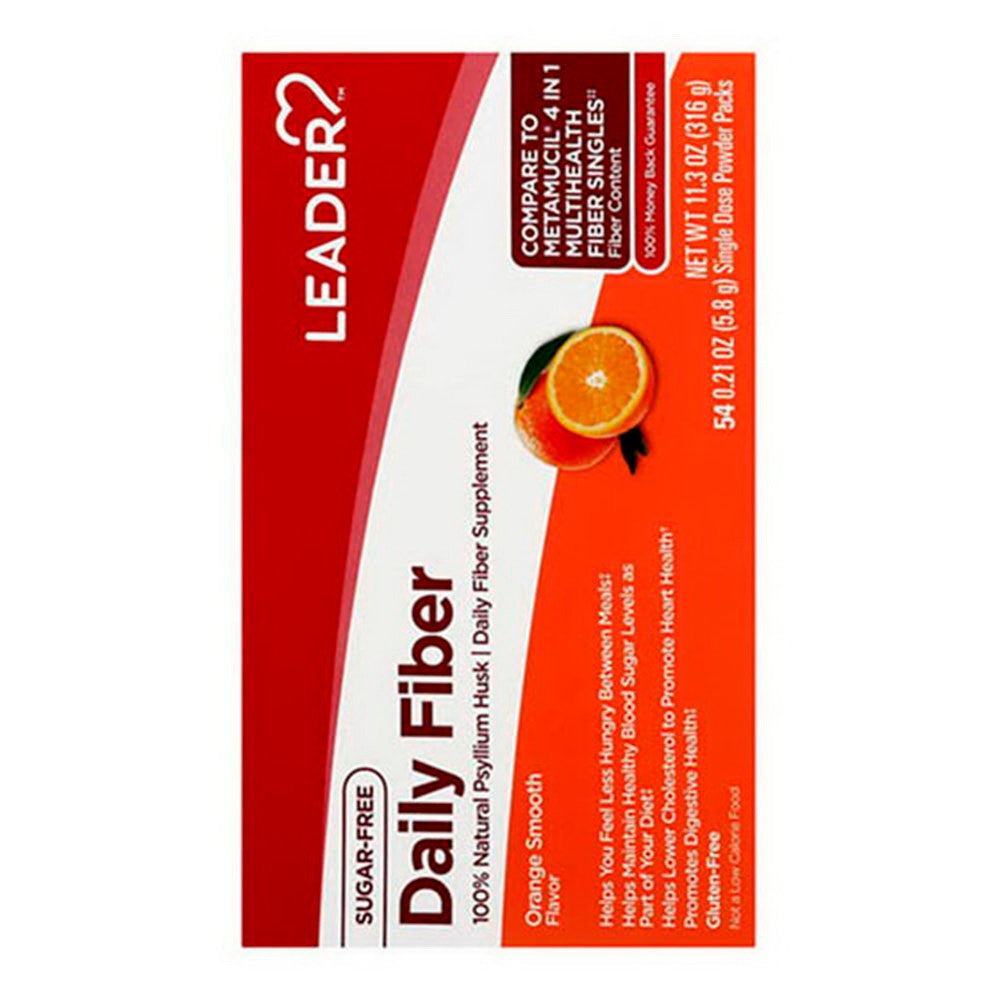 Leader Daily Fiber, Singe Dose Powder Packs Sugar Free, Orange Smooth Flavor, 54 Ea