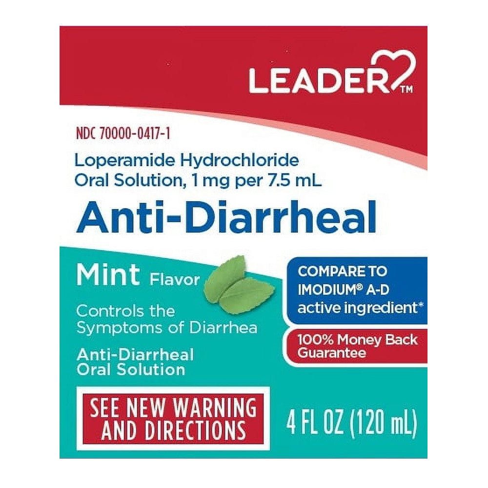 Leader Loperamide Anti Diarrheal Oral Solution, Mint Flavor, 4 Oz