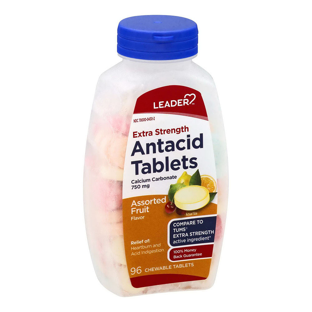 Leader Antacid Tablets, Extra Strength, Chewable Tablets, Assorted Fruit Flavor, 96 Ea