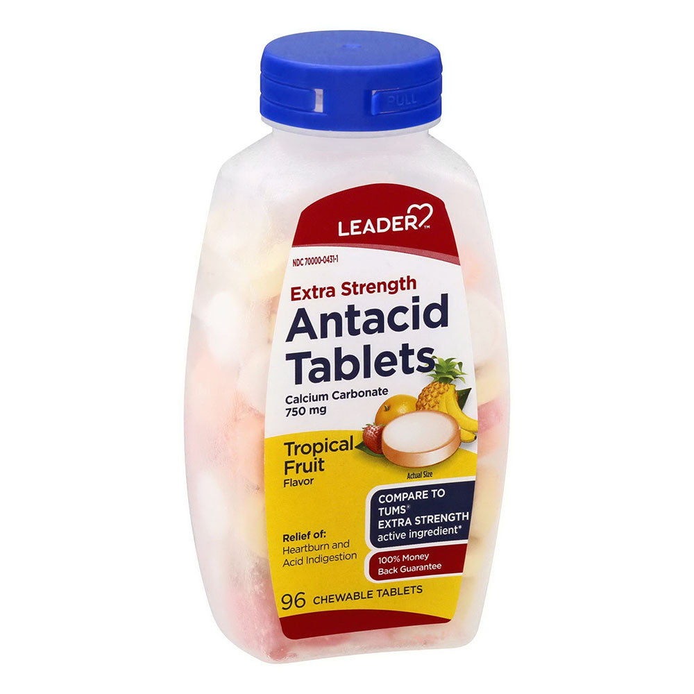 Leader Antacid Tablets, Extra Strength, Chewable Tablets, Tropical Fruit Flavor, 96 Ea